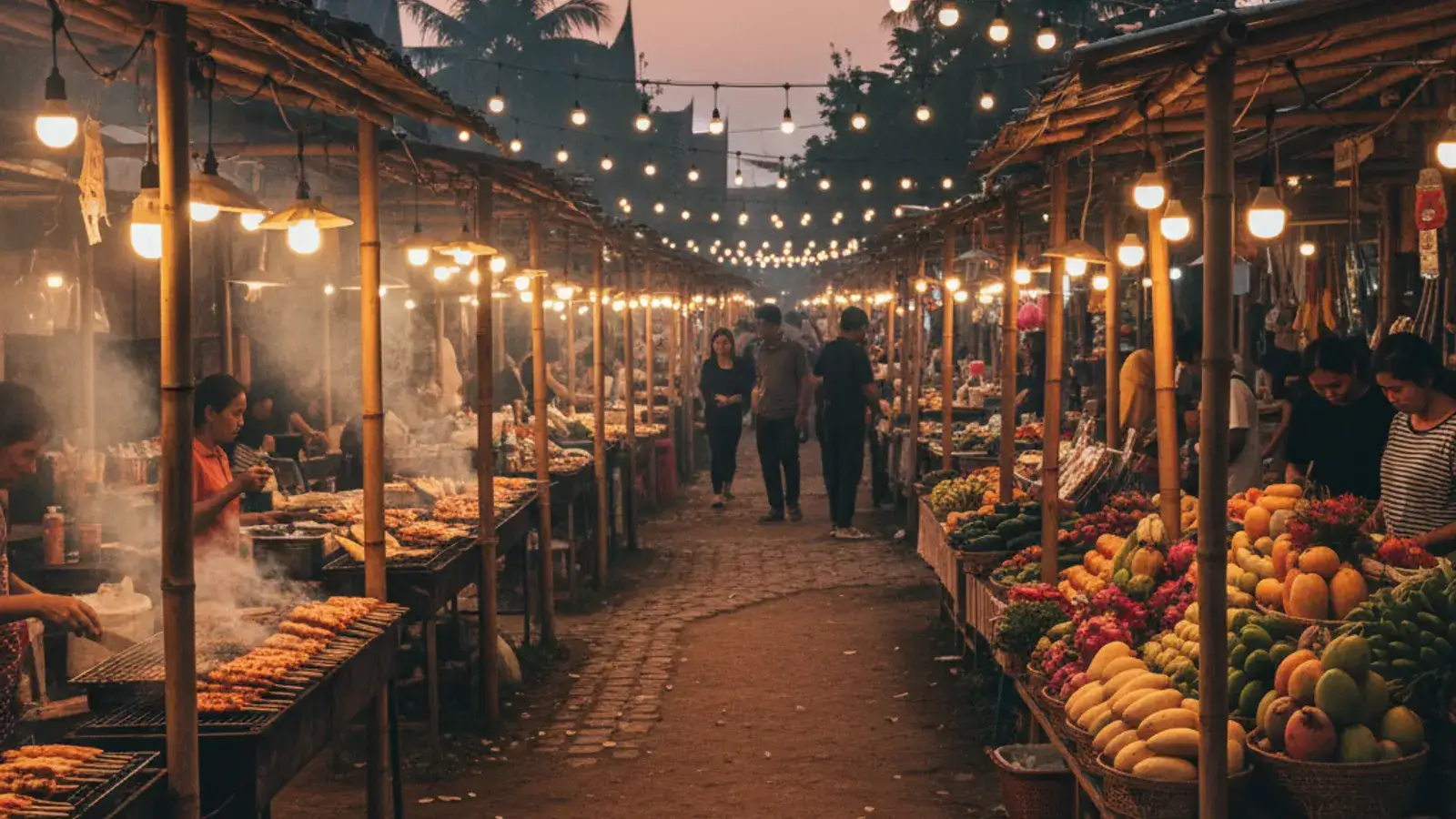 Charcoal smoke rising from crowded street food stalls under string lights at the Ao Nang Landmark night market after dark