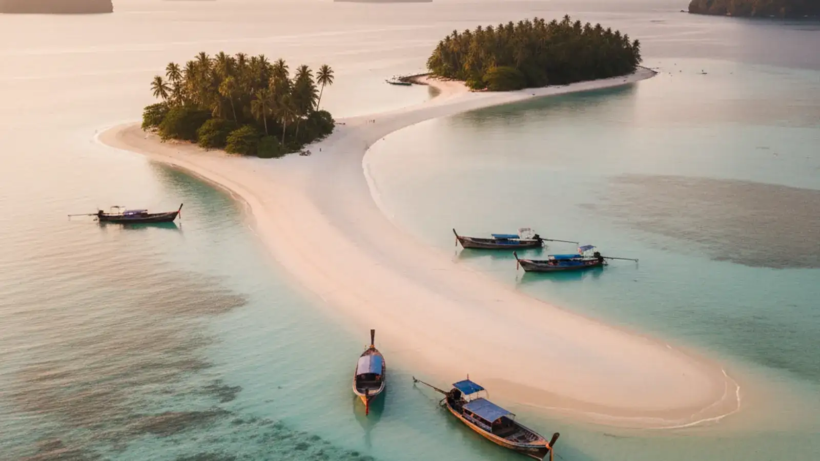 A white sandbar emerging at low tide between two small limestone islands, with longtail boats anchored nearby