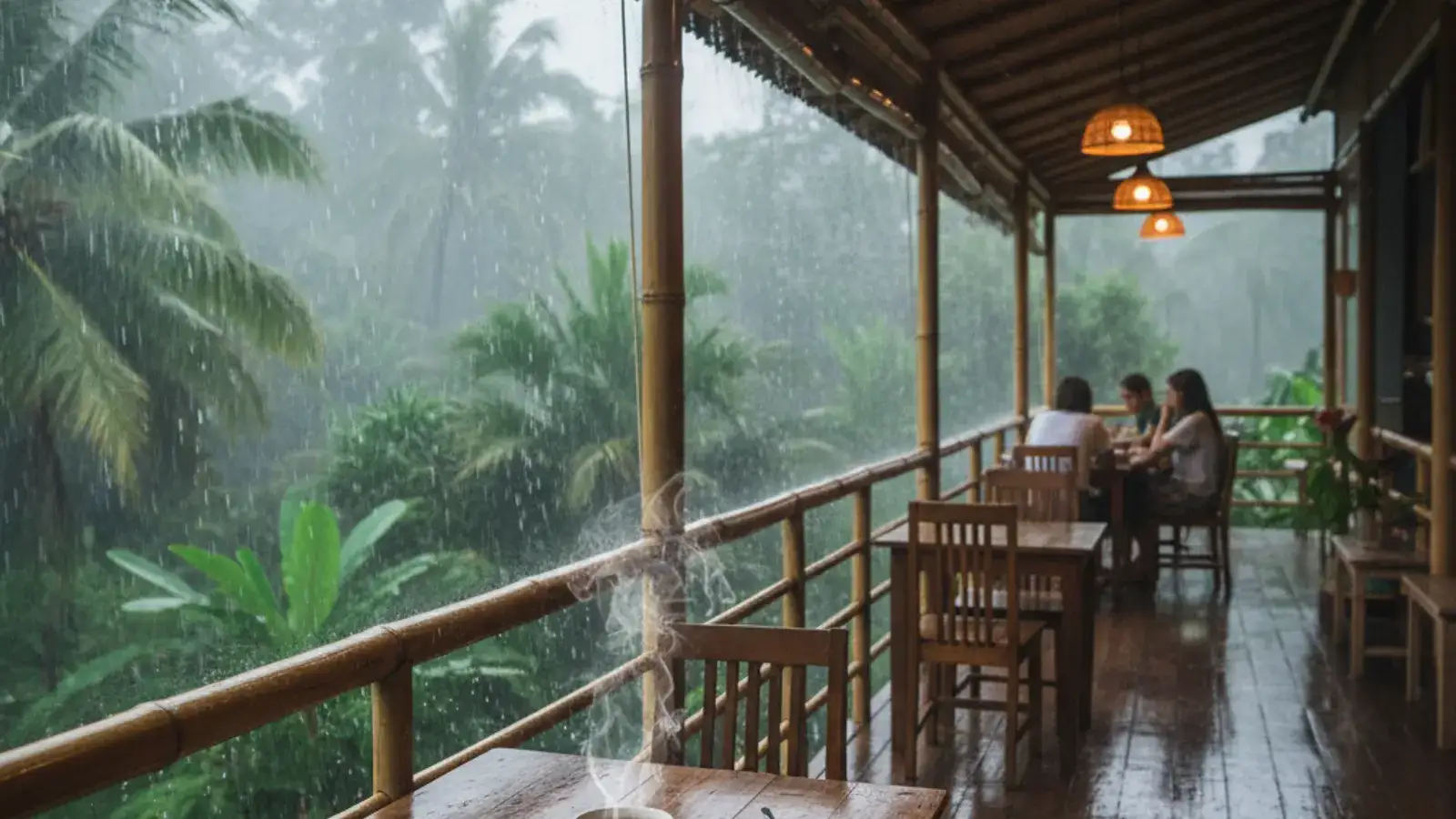 Dark rain clouds and a heavy shower over limestone cliffs and beached longtail boats at Ao Nang, seen from under a covered walkway.
