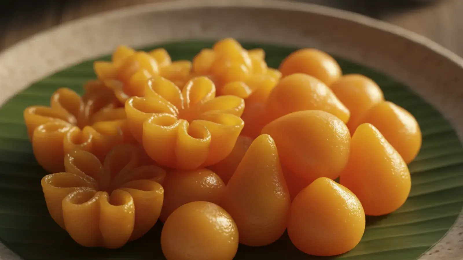 Golden Thai egg-yolk desserts — pinched thong yip flowers, teardrop thong yod and fine foi thong threads — arranged on a brass tray
