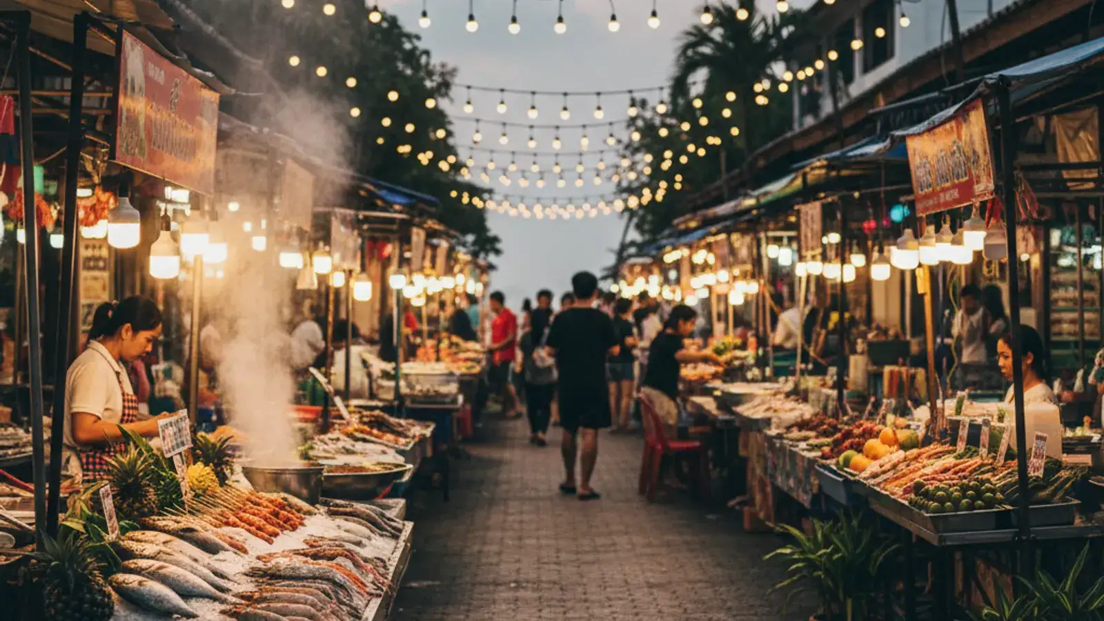 Smoking seafood grills and lantern-lit food stalls at dusk along the beachfront road in Ao Nang, with longtail boats pulled up on the sand behind