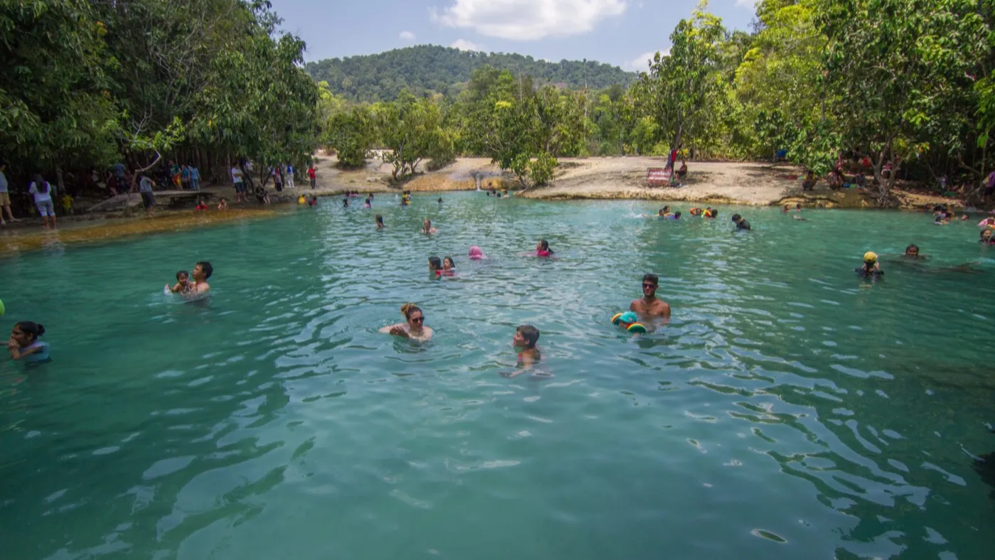 Badende im klaren jadegrünen Wasser des Emerald Pool, umgeben von hohem Regenwald unter hellem Himmel